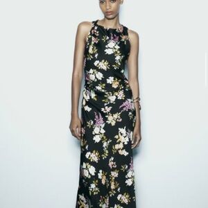 Reformation DUPE silk cowl high neck Floral Black Maxi Dress